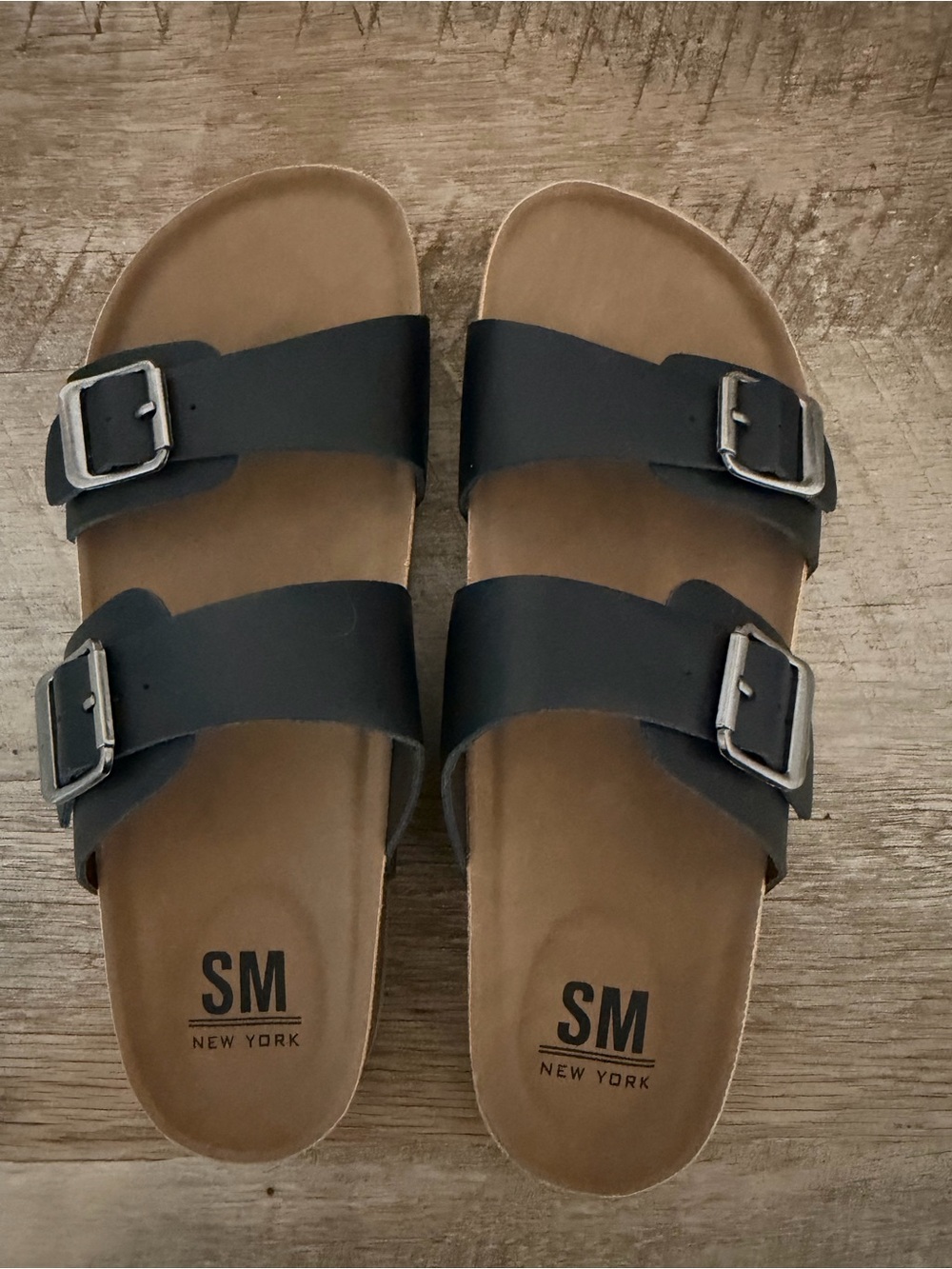 SM New York Black Double-Buckle Slide Sandals with Brown Footbed